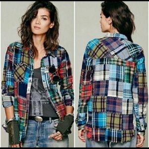 Free People We The Free Lost in Plaid Patchwork Flannel Button-Down Small